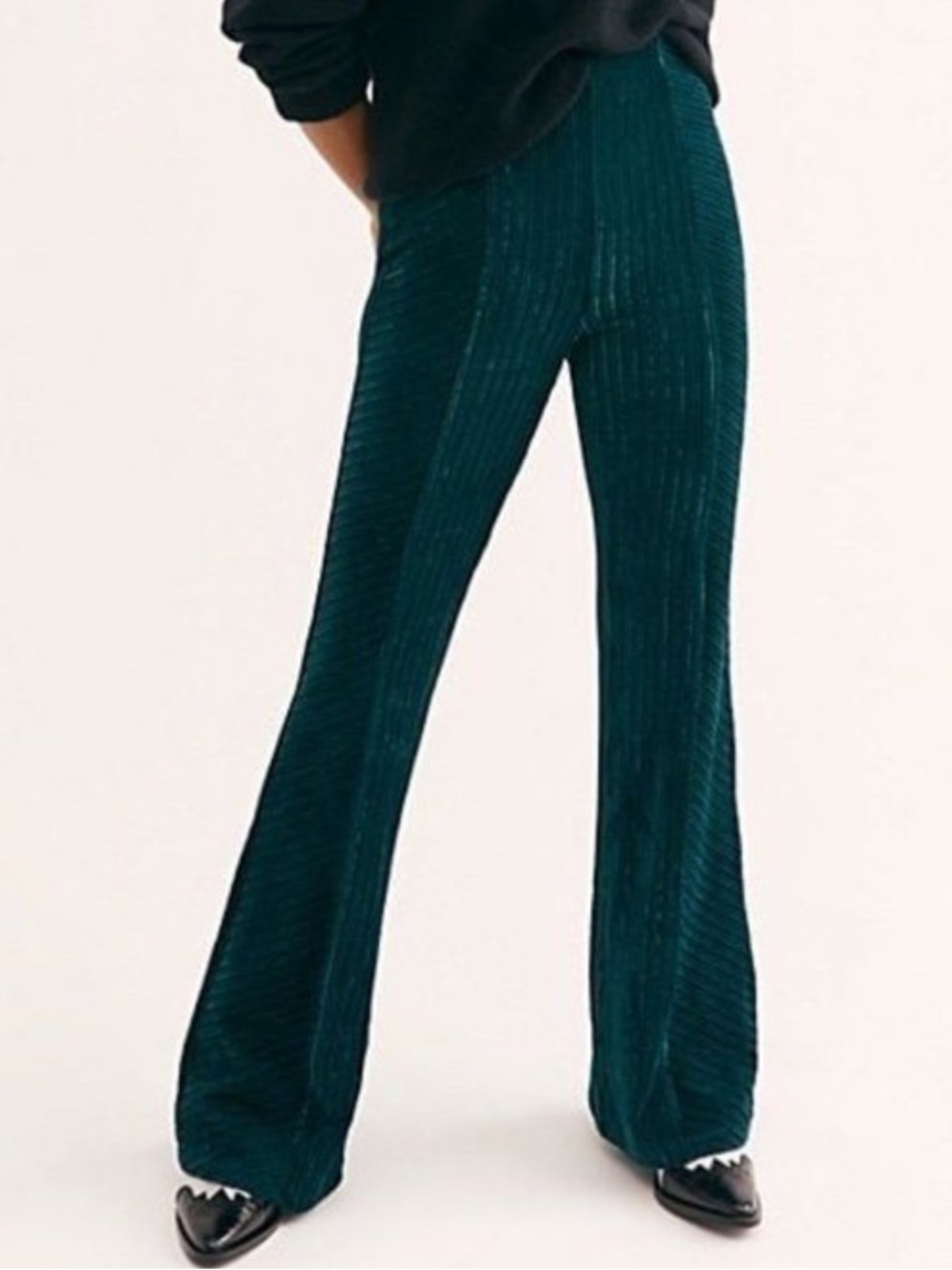 Free People Pants Women S Green Velour Flare Leg Pull On Elastic Waist Y2K